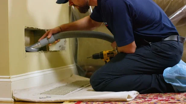 Truck-mounted vacuum connected for residential air duct cleaning